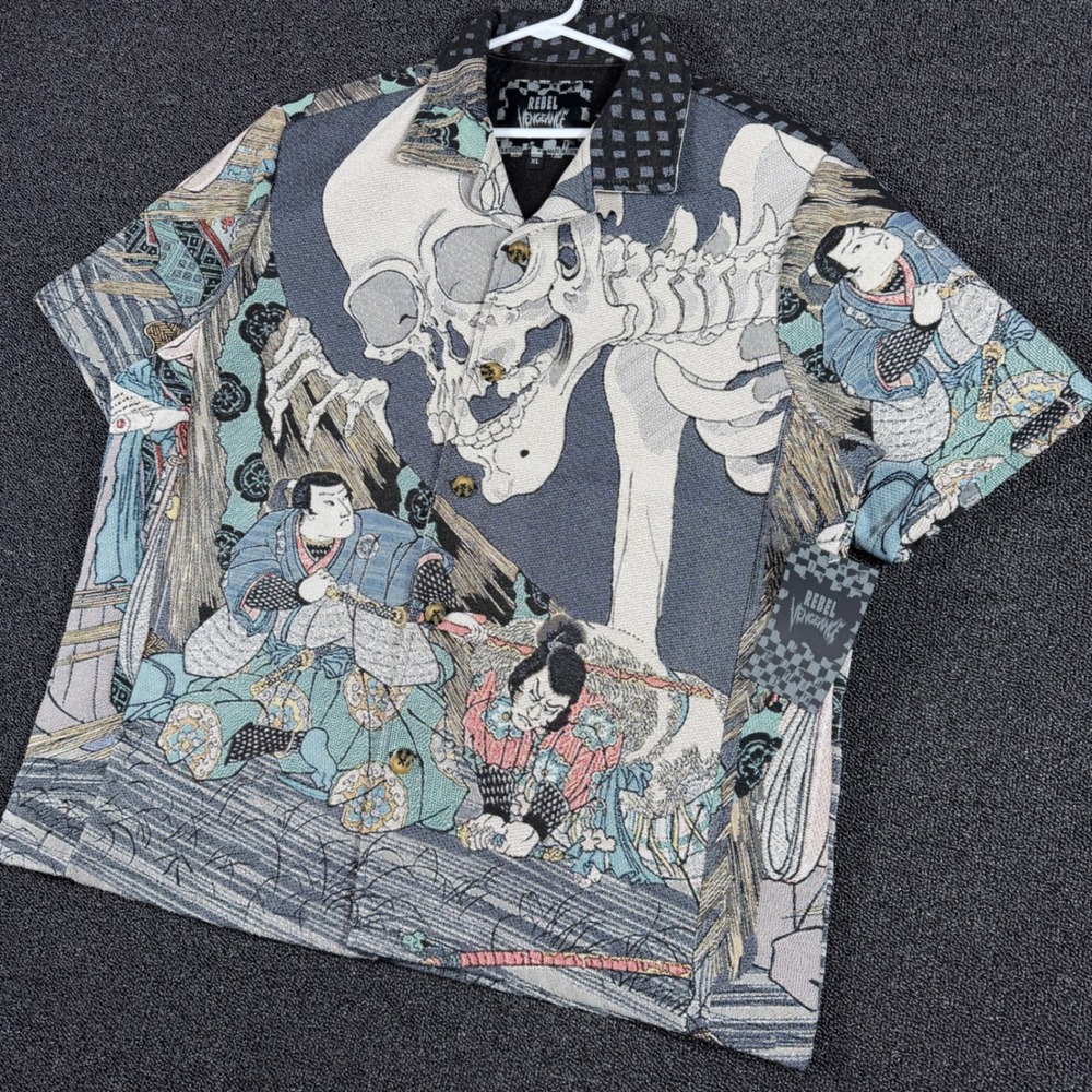 Rebel Vengeance AOP Tapestry Shirt Men's XL Ukiyo-e Japanese Samurai Skull NWT